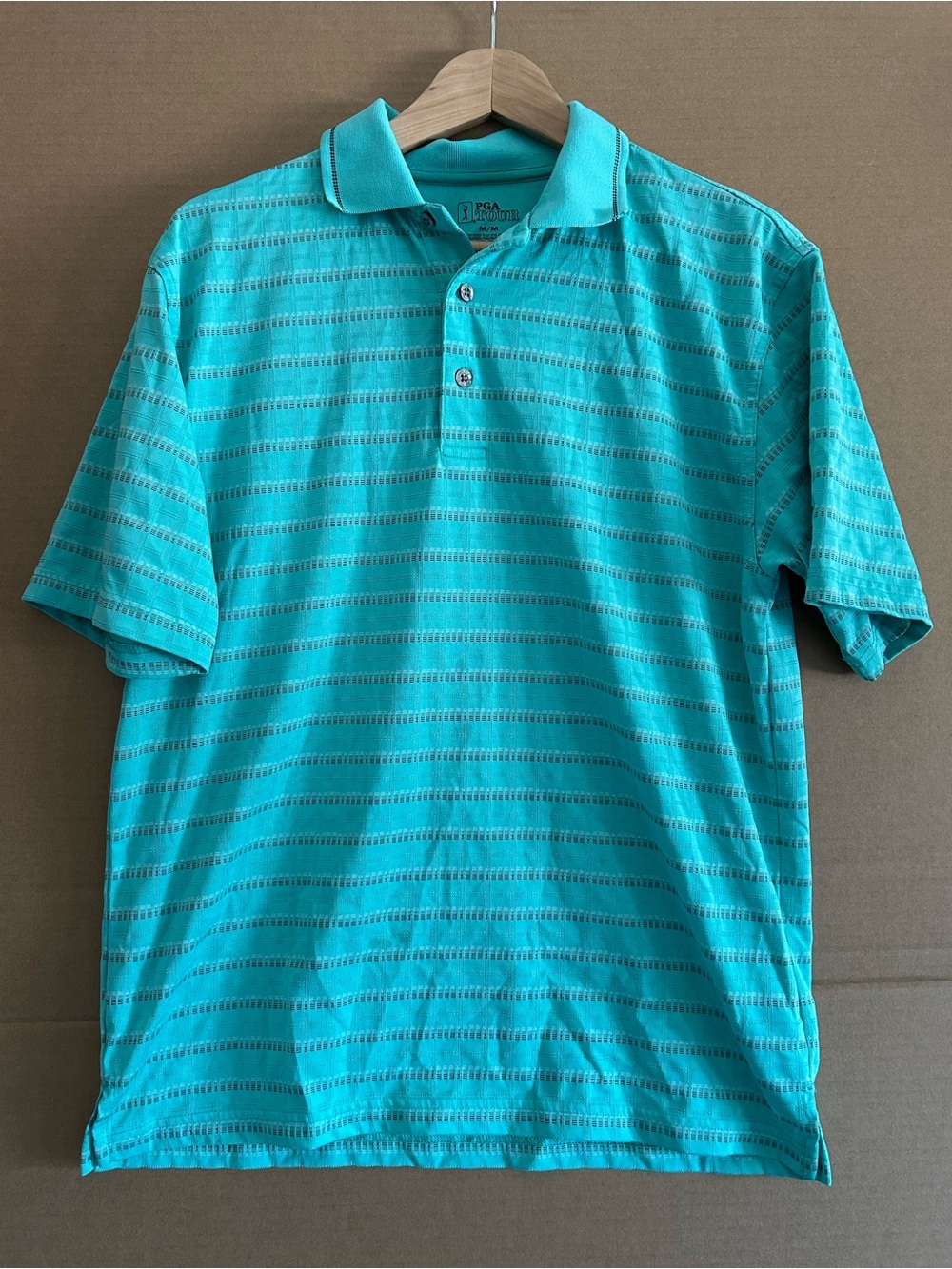 PGA Tour Teal Horizontal Stripe Polo Shirt Outdoor Men’s Medium Golf Dad Gift